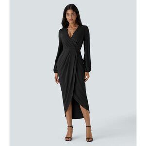 Halara Dress Small Tulip Hem Midi V Neck Long Sleeve NWT